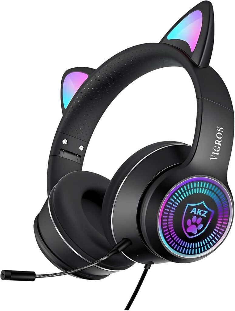 Cat Ear Gaming Headphones Wired AUX 3.5mm with LED Light, VIGROS Flashing Stereo Game Headphones Surround Sound Over-Ear Headsets with Microphone Fit Kids & Adult for PC, PS4, Switch, Mobile, Laptop